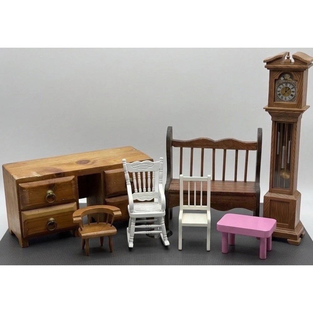 Vintage 1:12‎ Scale Dollhouse Furniture Lot 7pc Desk Chairs Grandfather Clock